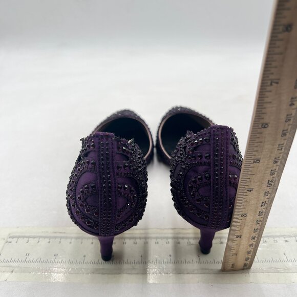 XYD Purple Pointed Toe D'Orsay Kitten Heel Rhinestone Studs Slip-On Satin Shoes - Picture 5 of 8